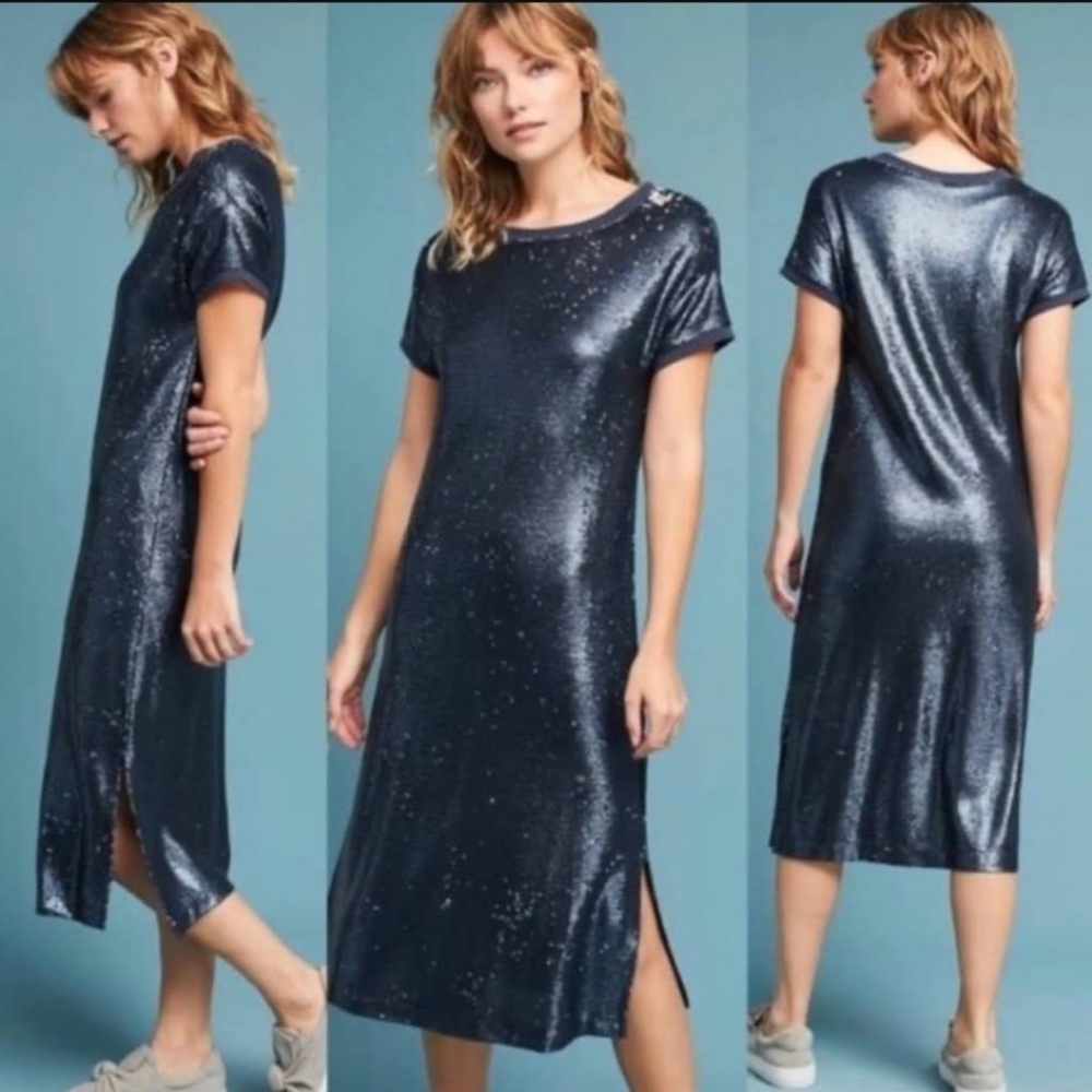 Anthropologie Moulinette Soeurs Interstellar Sequin Navy Blue Dress Size Large
